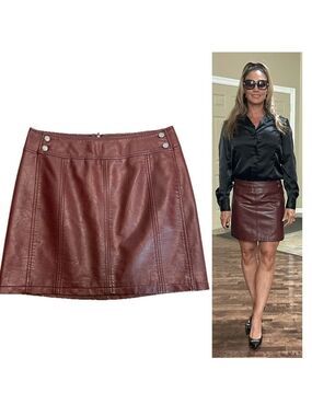 Free People burgundy mahogany faux leather mini skirt pleather vegan 10 auburn